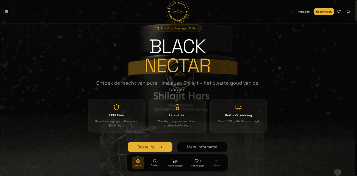 Black Nectar – Premium Shilajit webshop met 3d animaties